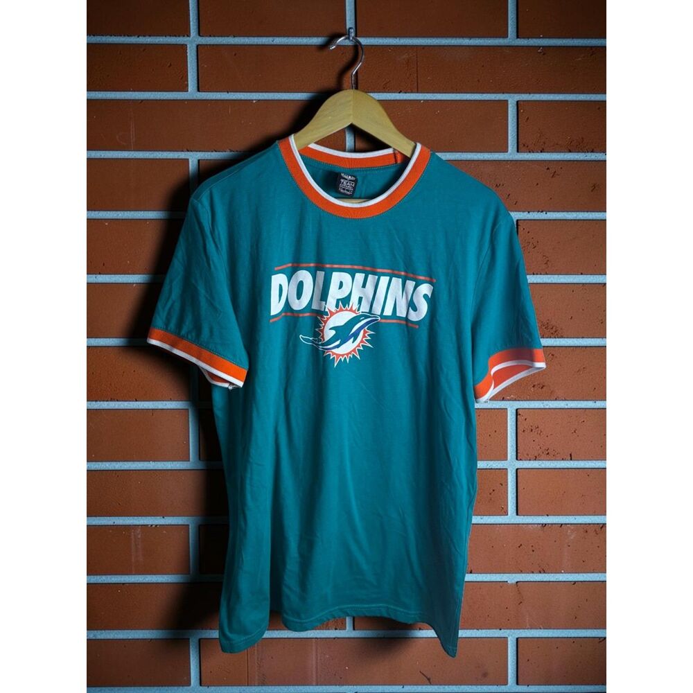 Miami Dolphins NFL Team Apparel Ringer T Shirt Men's Large Aqua Orange Logo